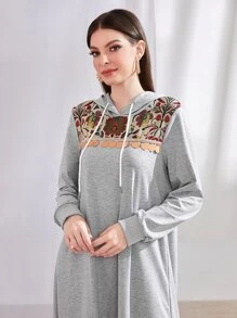 Mulvari Geo Print Drawstring Hooded Sweatshirt Dress - Light Grey - View 3