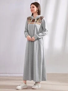 Mulvari Geo Print Drawstring Hooded Sweatshirt Dress - Light Grey - View 4