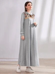 Mulvari Geo Print Drawstring Hooded Sweatshirt Dress - Light Grey - View 5