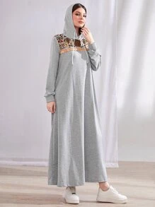 Mulvari Geo Print Drawstring Hooded Sweatshirt Dress - Light Grey - View 6