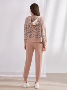 Seusyu Leopard Pattern Cardigan & Sweater Vest & Knit Trousers - Dusty Pink - View 2