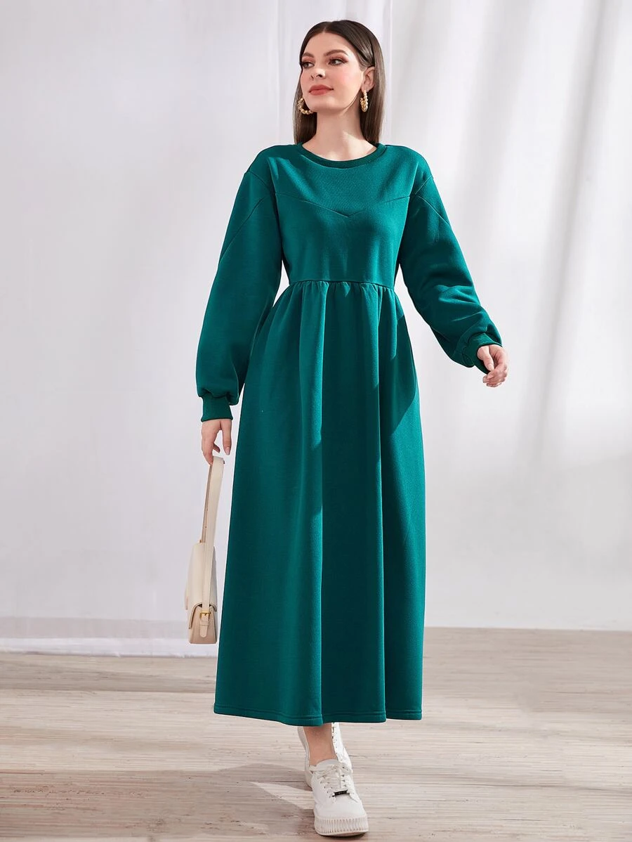 Mulvari Drop Shoulder Solid Sweatshirt Dress - Teal Blue - View 1