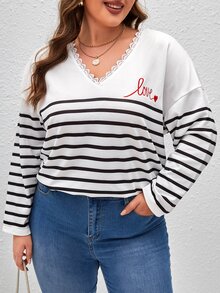 SHEIN Frenchy Plus Striped & Letter Graphic Lace Trim Drop Shoulder Tee - White - View 2