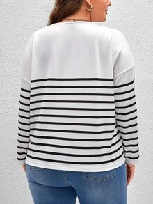 SHEIN Frenchy Plus Striped & Letter Graphic Lace Trim Drop Shoulder Tee - White - View 5