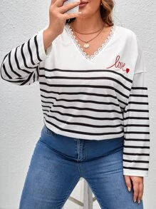SHEIN Frenchy Plus Striped & Letter Graphic Lace Trim Drop Shoulder Tee - White - View 1
