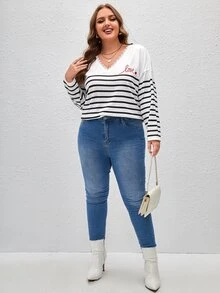 SHEIN Frenchy Plus Striped & Letter Graphic Lace Trim Drop Shoulder Tee - White - View 3