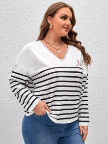 SHEIN Frenchy Plus Striped & Letter Graphic Lace Trim Drop Shoulder Tee - White - View 4