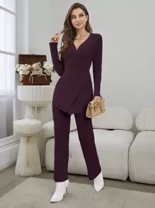 Seusyu Crossover Jumper & Ribbed Knit Trousers - Maroon - View 1