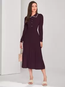 Modelyn 撞色系带纽扣前褶皱毛衣连衣裙 - 紫紅色 - 查看 1