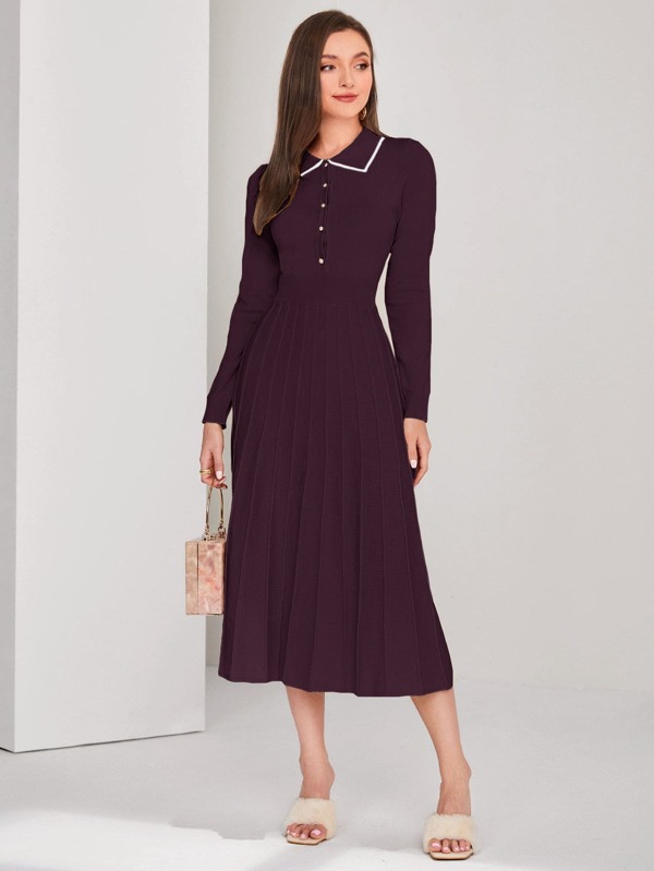 Modelyn Contrast Binding Button Front Pleated Sweater Dress