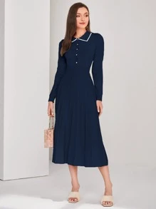 Modelyn Contrast Binding Button Front Pleated Sweater Dress - Navy Blue - View 1