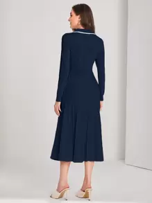 Modelyn Contrast Binding Button Front Pleated Sweater Dress - Navy Blue - View 2