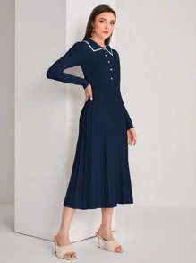 Modelyn Contrast Binding Button Front Pleated Sweater Dress - Navy Blue - View 3