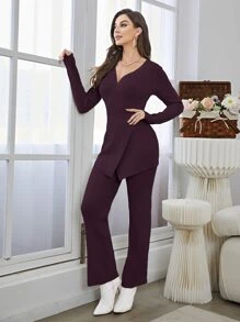 Seusyu Crossover Jumper & Ribbed Knit Trousers - Maroon - View 4