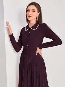 Modelyn 撞色系带纽扣前褶皱毛衣连衣裙 - 紫紅色 - 查看 4