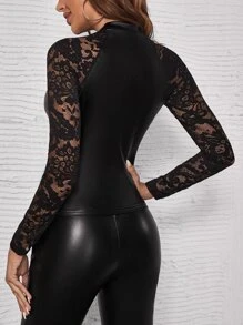 SHEIN Privé Top con encaje en contraste de cuello alto PU - Negro - Ver 2