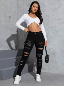 SHEIN ICON 扣眼帶扣細節破洞緊身牛仔褲 - 黑色 - 查看 6