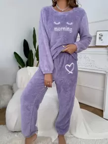 Conjunto de pijama de top de franela con bordado de letra y pantalones - Morado - Ver 4