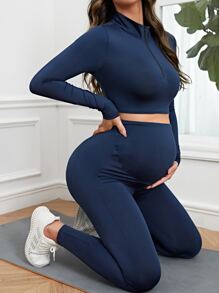 SHEIN Maternity Half Zip Top & Leggings - Navy Blue - View 3