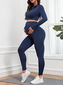 SHEIN Maternity Half Zip Top & Leggings - Navy Blue - View 4