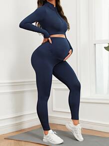 SHEIN Maternity Half Zip Top & Leggings - Navy Blue - View 1