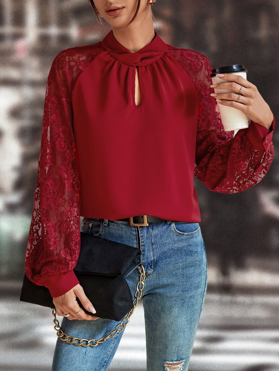 SHEIN LUNE Blusa con encaje en contraste de manga raglán de cuello con abertura de ojo - Burdeos - Ver 1
