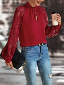 SHEIN LUNE Blusa con encaje en contraste de manga raglán de cuello con abertura de ojo - Burdeos - Ver 3