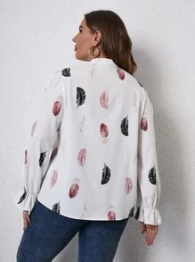 SHEIN LUNE Plus Feather Print Flounce Sleeve Blouse - White - View 3