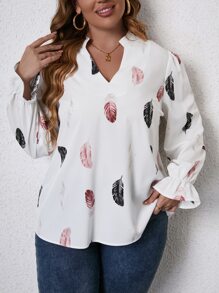 SHEIN LUNE Plus Feather Print Flounce Sleeve Blouse - White - View 5