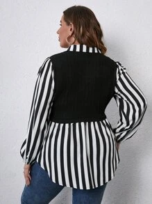 SHEIN Franclia 大碼豎條紋燈籠袖假兩件上衣 - 黑與白 - 查看 2