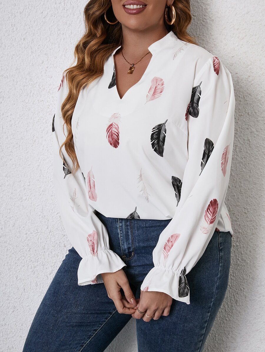 SHEIN LUNE Plus Feather Print Flounce Sleeve Blouse - White - View 1