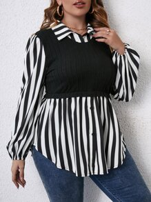 SHEIN Franclia 大碼豎條紋燈籠袖假兩件上衣 - 黑與白 - 查看 3