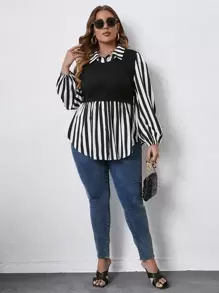 SHEIN Franclia 大碼豎條紋燈籠袖假兩件上衣 - 黑與白 - 查看 4