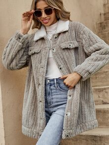 SHEIN LUNE Borg Collar Drop Shoulder Teddy Coat - Apricot - View 3