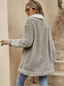 SHEIN LUNE Borg Collar Drop Shoulder Teddy Coat - Apricot - View 2