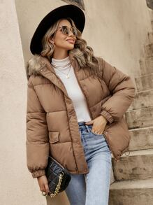 SHEIN Frenchy Flap Pocket Fuzzy Trim Hooded Padded Coat In Fall/Winter Brown - Brown - View 3