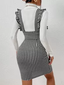 SHEIN Frenchy Houndstooth Print Ruffle Trim Pinafore Dress Without Jumper - Black and White - View 2