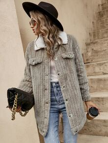 SHEIN LUNE Borg Collar Drop Shoulder Teddy Coat - Apricot - View 5