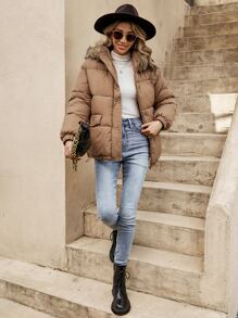 SHEIN Frenchy Flap Pocket Fuzzy Trim Hooded Padded Coat In Fall/Winter Brown - Brown - View 4