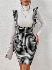 SHEIN Frenchy Houndstooth Print Ruffle Trim Pinafore Dress Without Jumper - Black and White - View 4