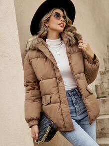 SHEIN Frenchy Flap Pocket Fuzzy Trim Hooded Padded Coat In Fall/Winter Brown - Brown - View 5