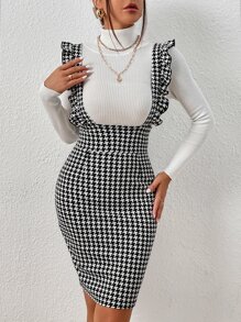 SHEIN Frenchy Houndstooth Print Ruffle Trim Pinafore Dress Without Jumper - Black and White - View 5