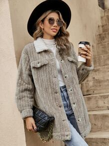 SHEIN LUNE Borg Collar Drop Shoulder Teddy Coat - Apricot - View 1