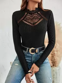 SHEIN Frenchy Guipure Lace Insert Mock Neck Tee - Black - View 1