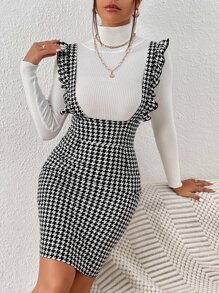 SHEIN Frenchy Houndstooth Print Ruffle Trim Pinafore Dress Without Jumper - Black and White - View 6