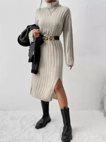 SHEIN Frenchy 高領落肩袖下擺開叉毛衣洋裝不附腰帶 - 杏色 - 查看 1