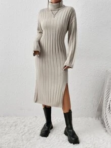 SHEIN Frenchy 高領落肩袖下擺開叉毛衣洋裝不附腰帶 - 杏色 - 查看 3