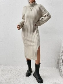 SHEIN Frenchy 高領落肩袖下擺開叉毛衣洋裝不附腰帶 - 杏色 - 查看 4