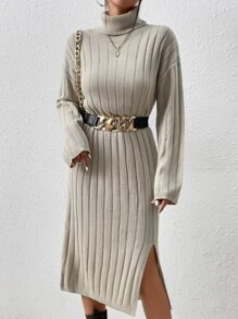 SHEIN Frenchy 高領落肩袖下擺開叉毛衣洋裝不附腰帶 - 杏色 - 查看 5