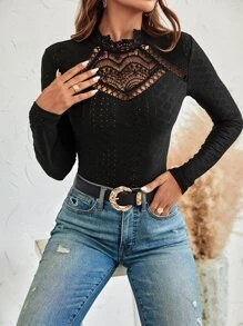 SHEIN Frenchy Guipure Lace Insert Mock Neck Tee - Black - View 5